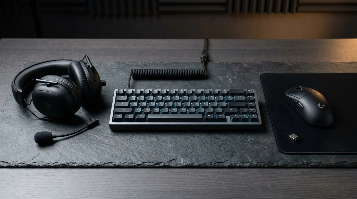Tastiera meccanica compatta, cuffie gaming e mouse su tappetino in grafite